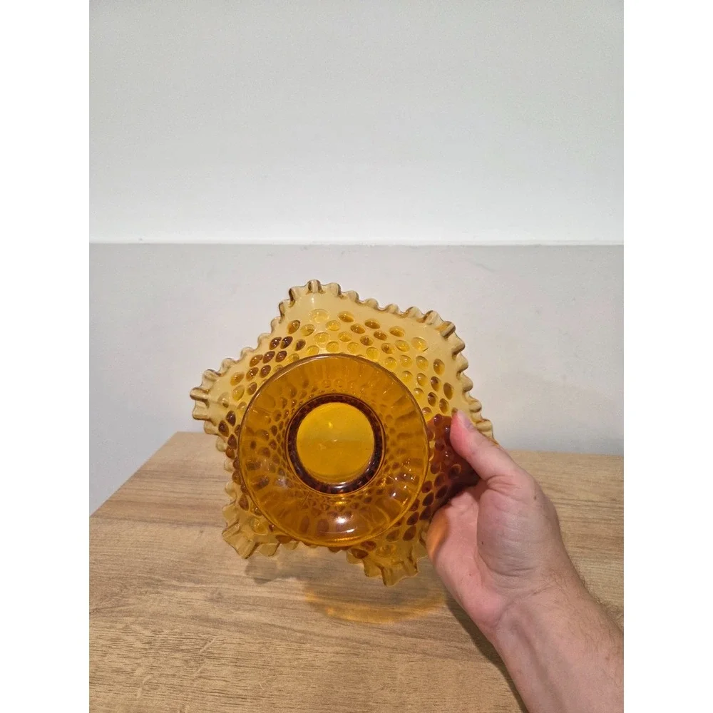 Vintage Fenton Hobnail Amber Candy Dish Footed Ruffled Edge 8''